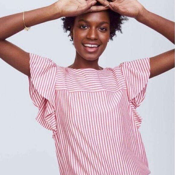Loft Women's Red Striped Flutter Sleeve Rayon Blouse - Picture 1 of 16